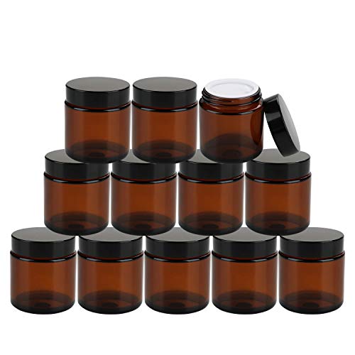 Encheng 25Pack of 4 oz Amber Round Glass Jars with Inner Liners and black LidsEmpty Cosmetic ContainersCream jars
